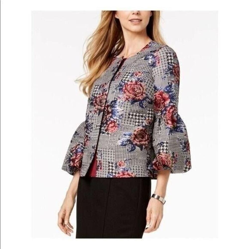 Alfani Womens Plaid Floral Puff Sleeve Button Jacket Black Blue Size M